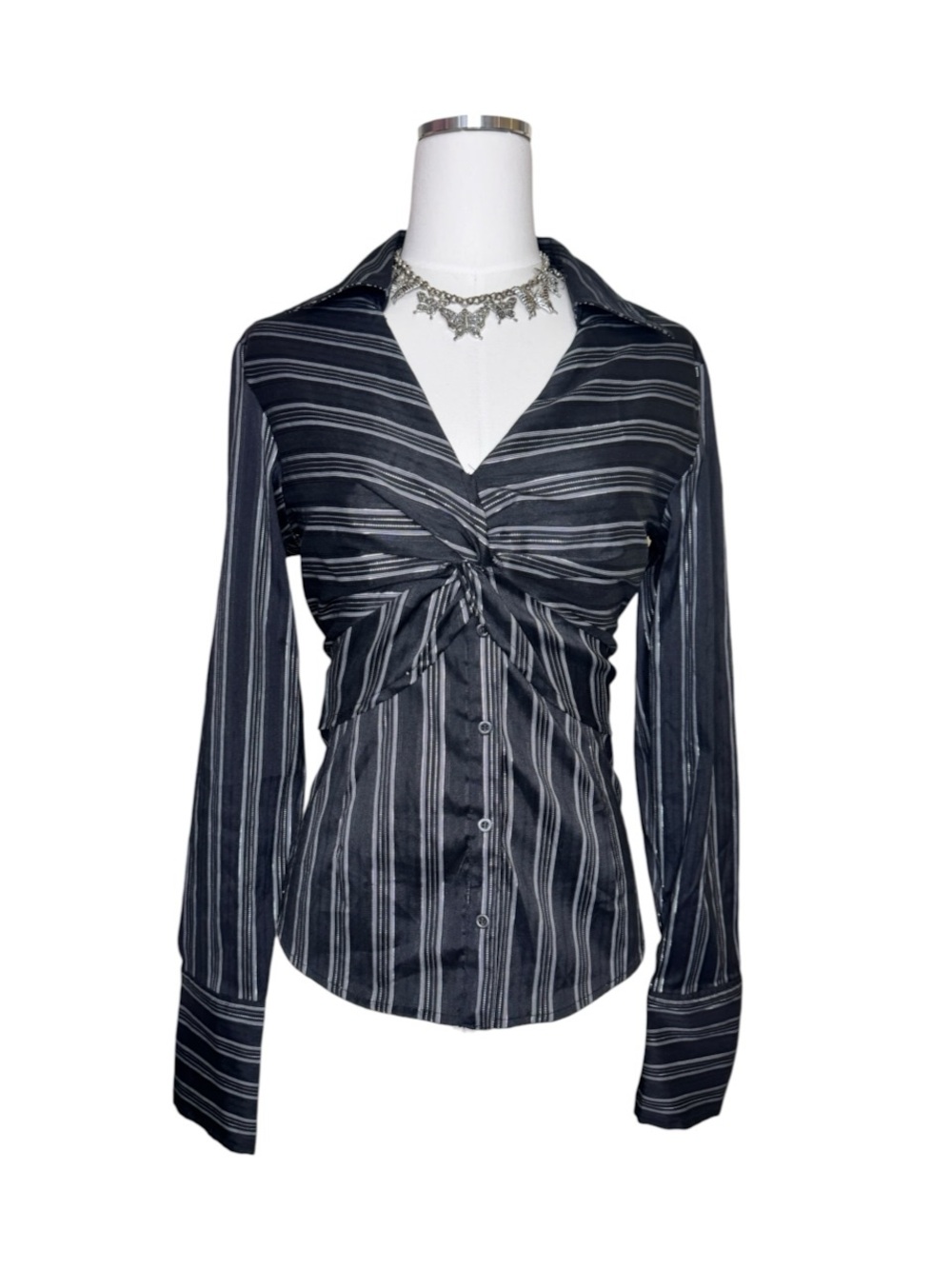 Y2K Heart Star Moon Striped Black Twist-Front Button-Up Top Size Large